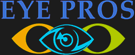 Logo of "eye pros" featuring a stylized eye design with blue and yellow accents, crafted using Elementor.